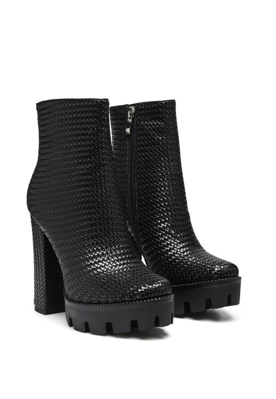 Black Solid Textured Block Heeled Boot