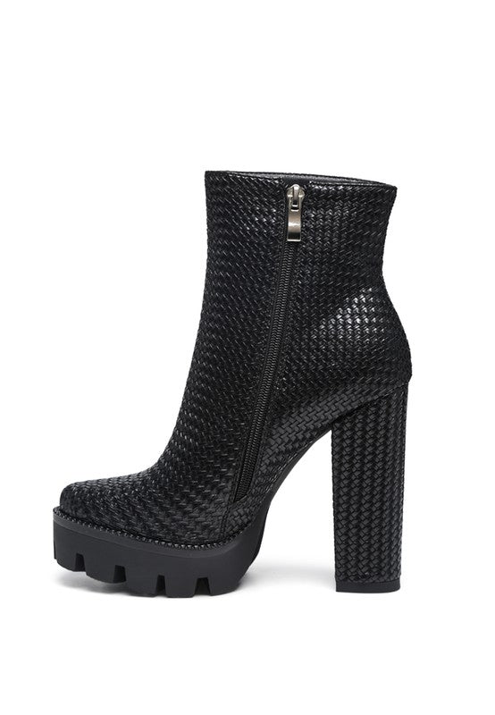 Black Solid Textured Block Heeled Boot