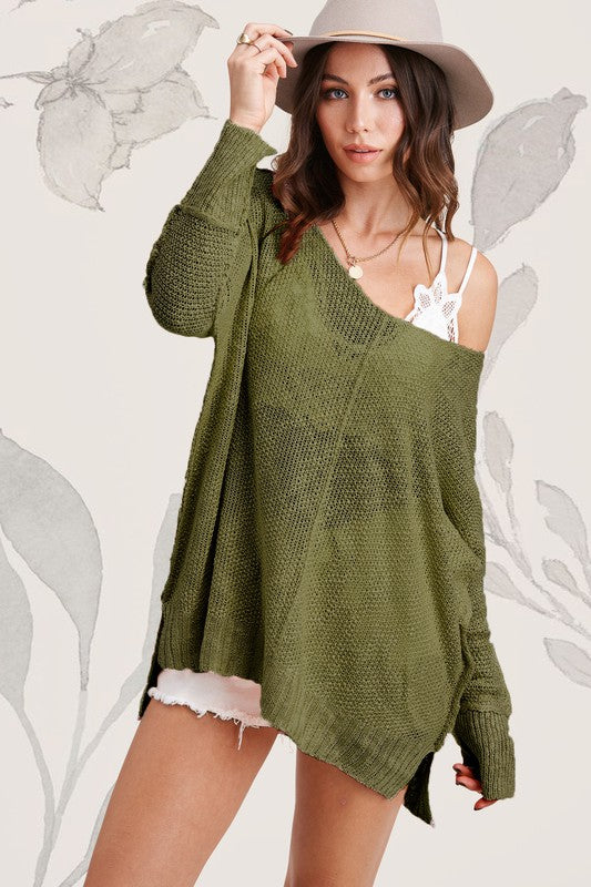 Olive Stretchy Oversized Long Sleeve Sweater