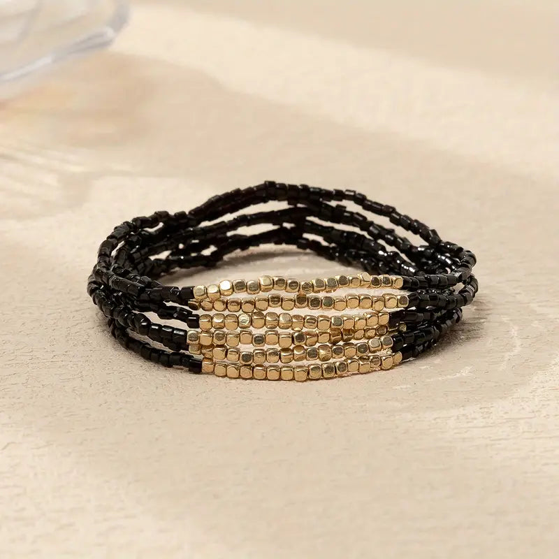 Black Glass Bead Stackable Bracelet Set