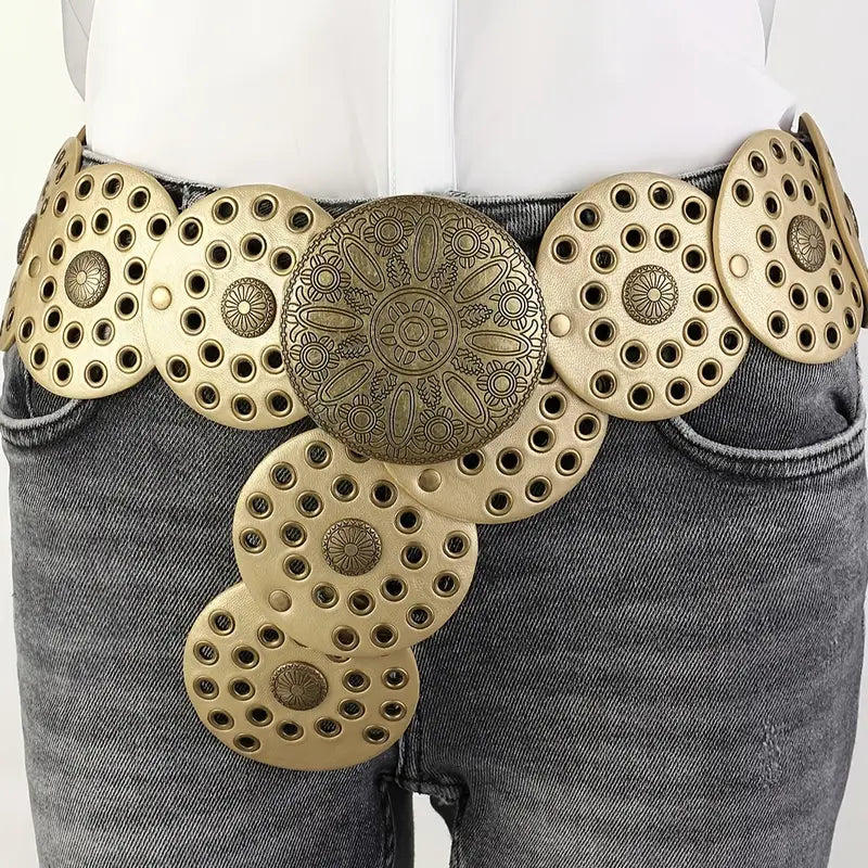 Gold Western Vegan Leather Belt with Gold Detailing 