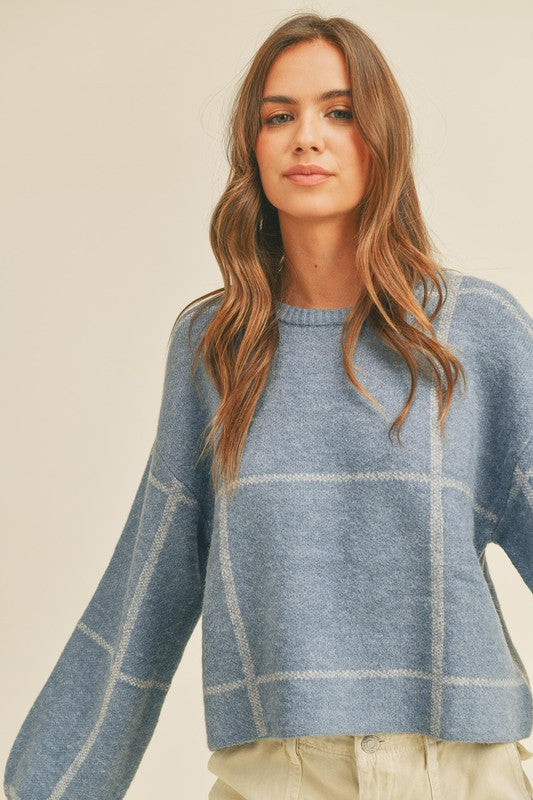 Steel Blue Square Stripped Long Sleeve Sweater