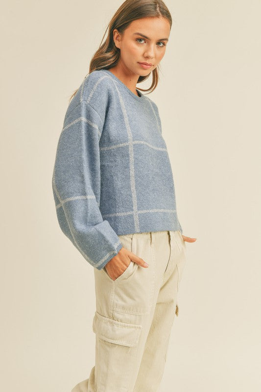 Steel Blue Square Stripped Long Sleeve Sweater