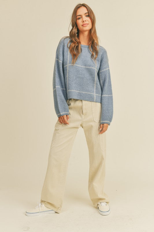 Steel Blue Square Stripped Long Sleeve Sweater