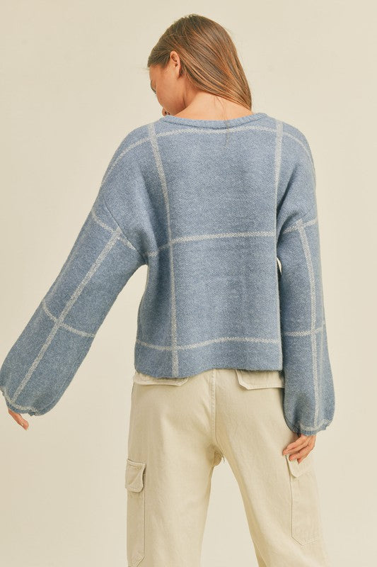 Steel Blue Square Stripped Long Sleeve Sweater