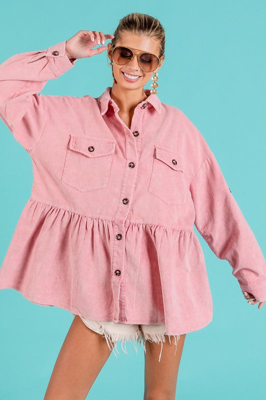 Vintage Rose Corduroy Ruffle Peplum Button Up Shirt Top 