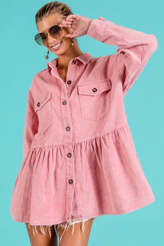 Vintage Rose Corduroy Ruffle Peplum Button Up Shirt Top