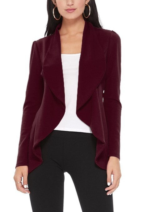 Burgandy Solid Color Waist Length Blazer