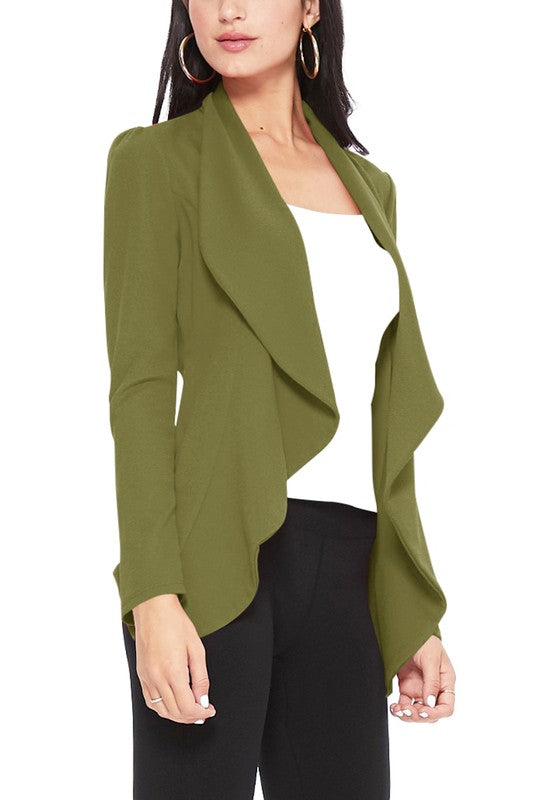 Olive Solid Color Waist Length Blazer