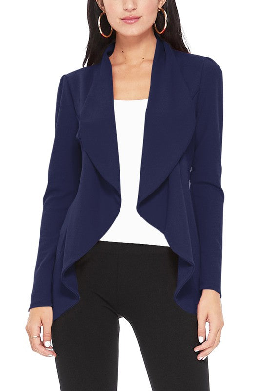 Navy Solid Color Waist Length Blazer