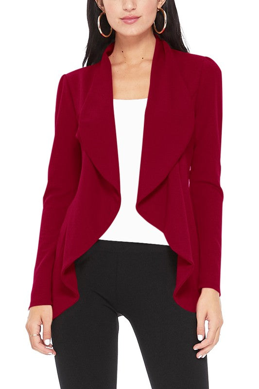 Burgandy Solid Color Waist Length Blazer