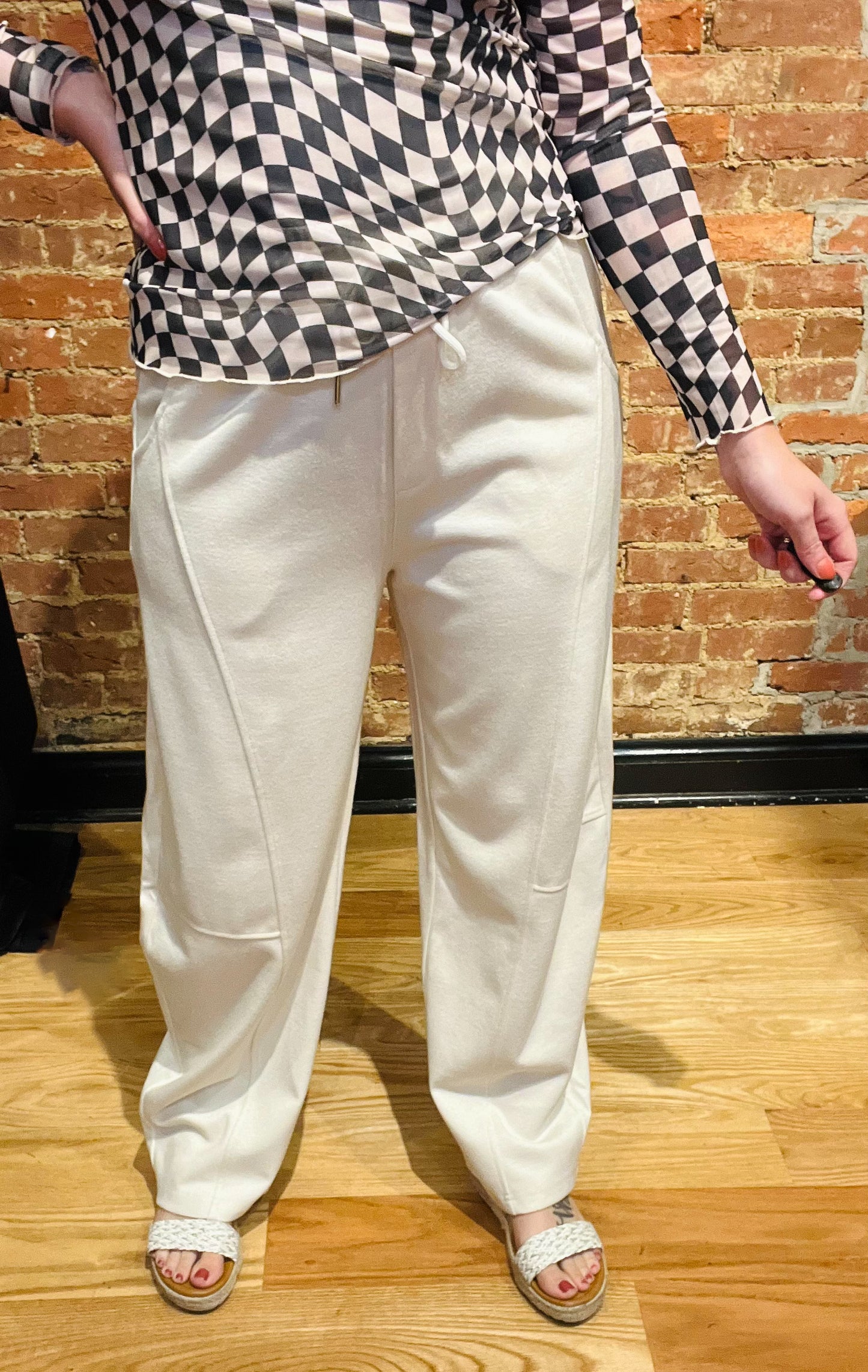 Cream Barrel Leg Drawstring Pants