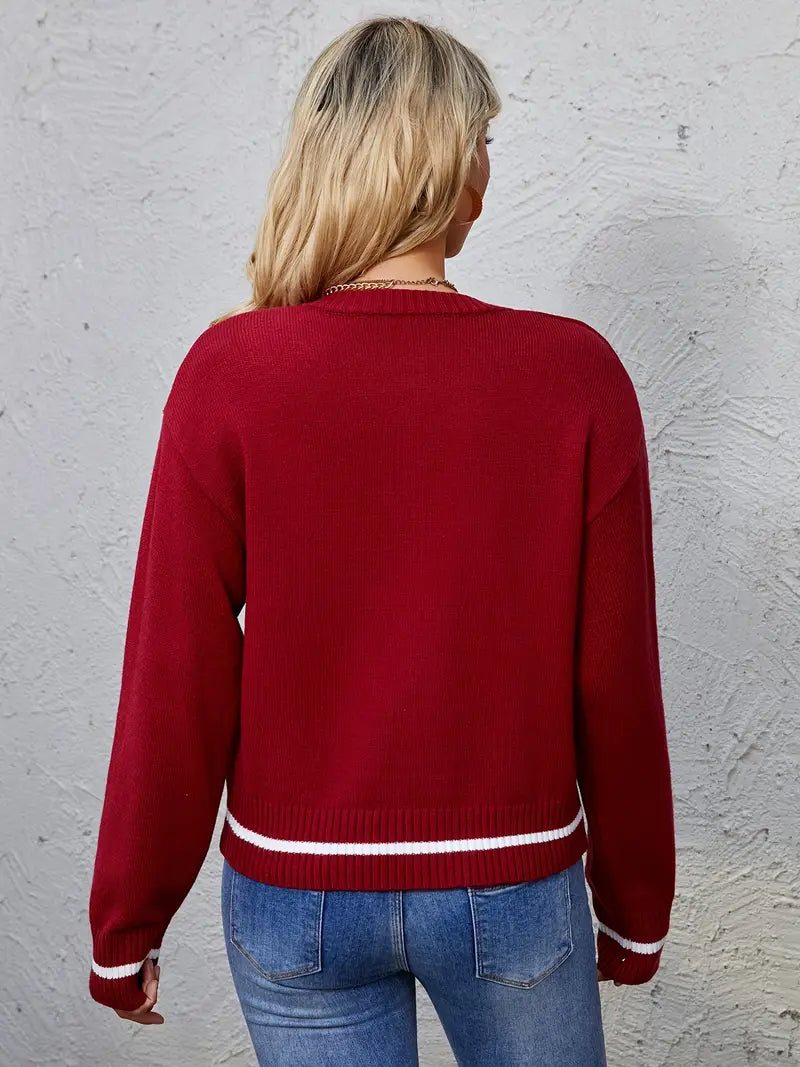 Red Knitted Cardigan Sweater with White Heart Detailing 