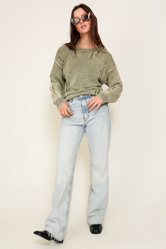 Olive Mineral Washed Distressed Sweater