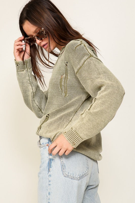 Olive Mineral Washed Distressed Sweater