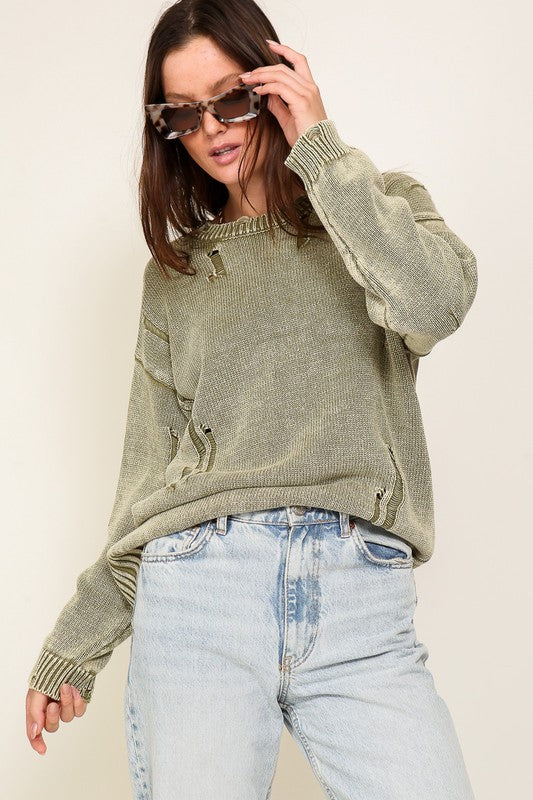 Olive Mineral Washed Distressed Sweater