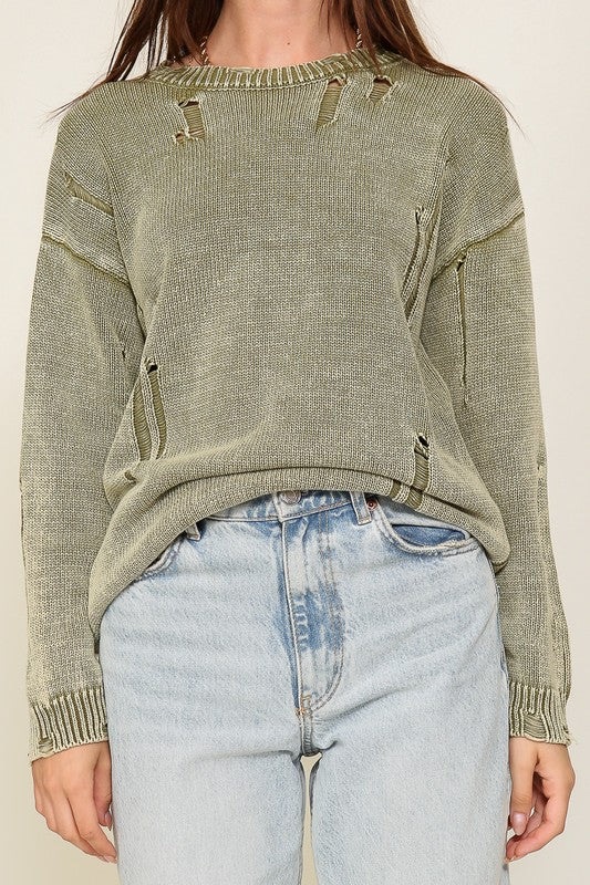 Olive Mineral Washed Distressed Sweater