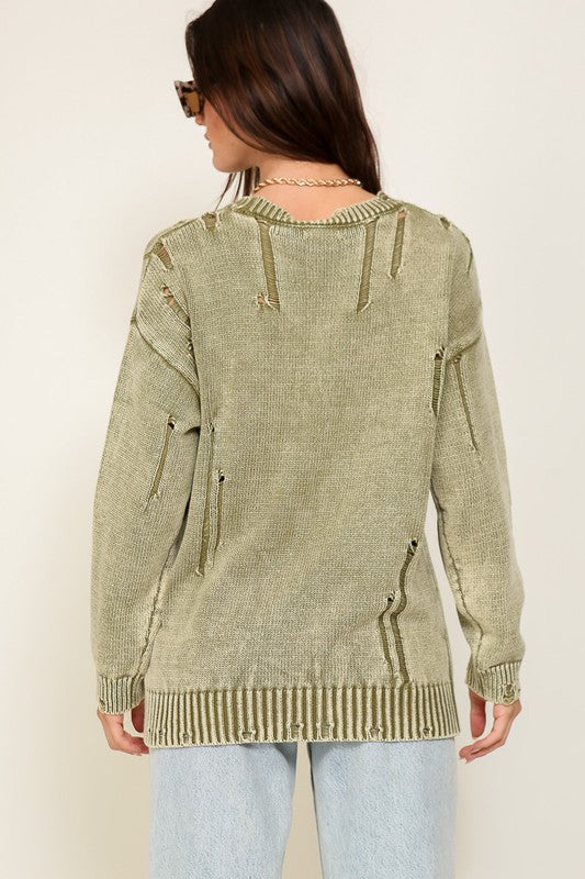 Olive Mineral Washed Distressed Sweater