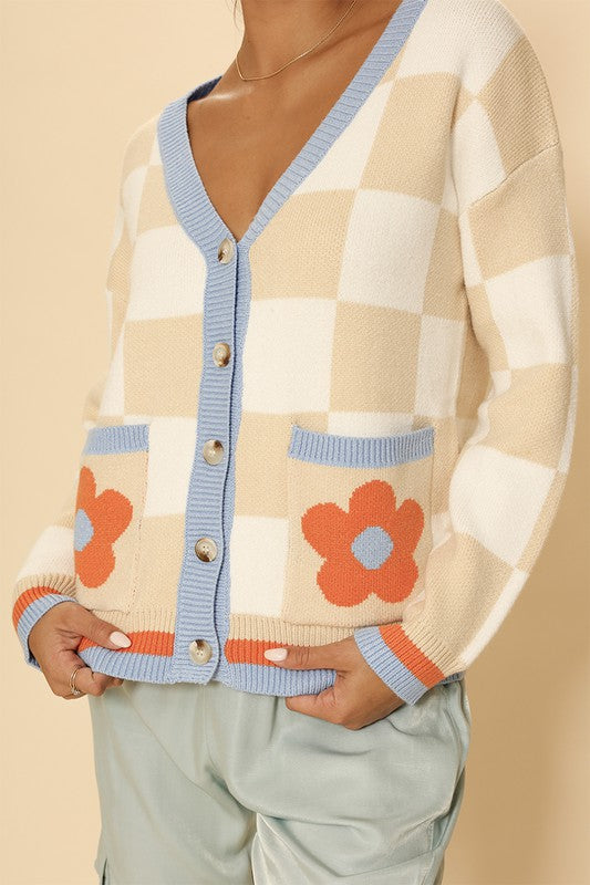 Cream Multi Retro Flower Button Down Cardigan with Flowers on Pockets