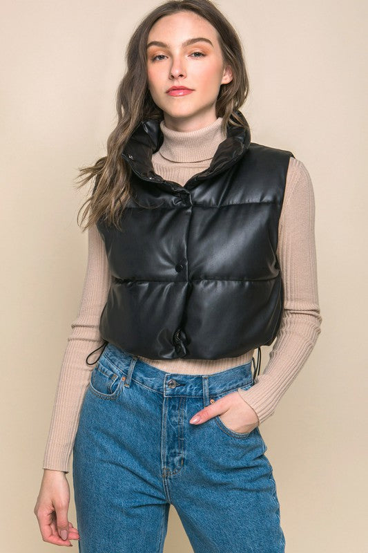 Black Cropped Vegan Leather Puffer Vest