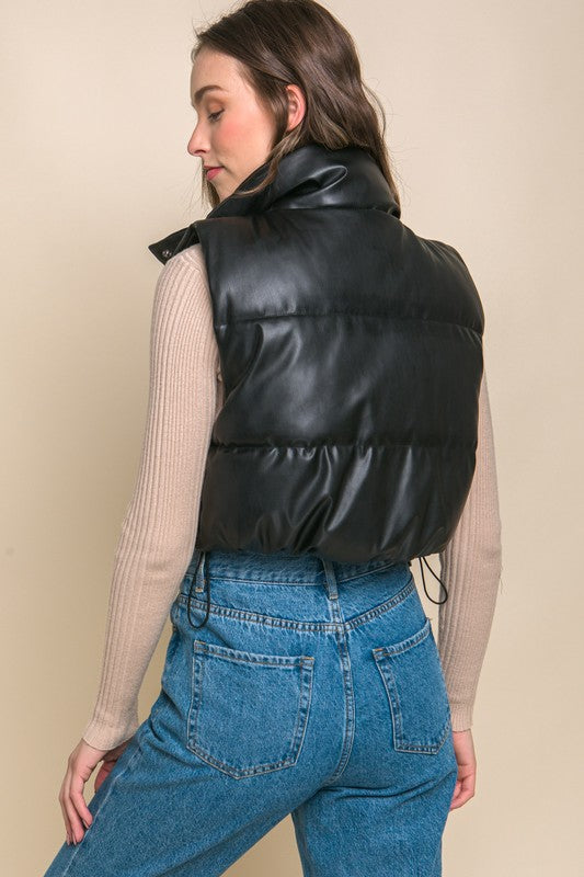 Black Cropped Vegan Leather Puffer Vest