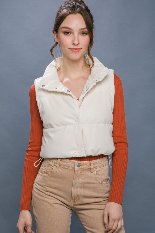 White Cropped Vegan Leather Puffer Vest