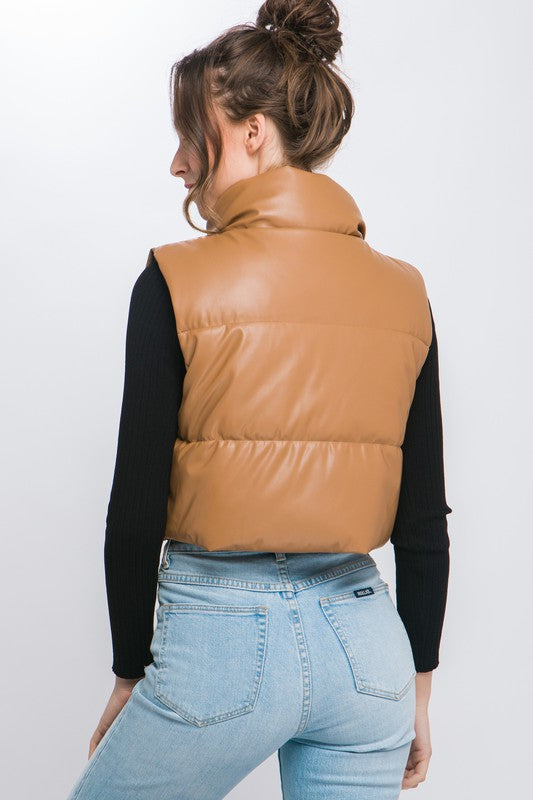 Brown Cropped Vegan Leather Puffer Vest