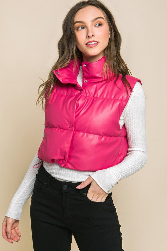 Fuchsia Cropped Vegan Leather Puffer Vest