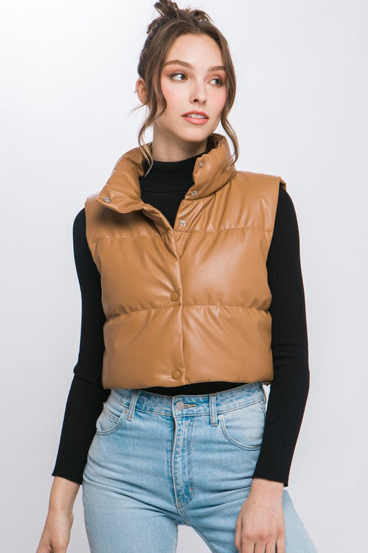 Brown Cropped Vegan Leather Puffer Vest 