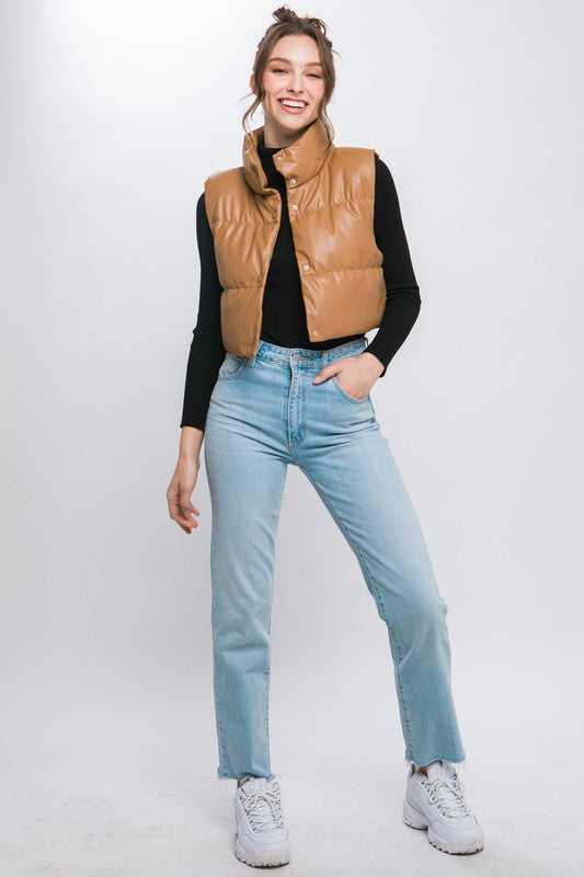 Brown Cropped Vegan Leather Puffer Vest