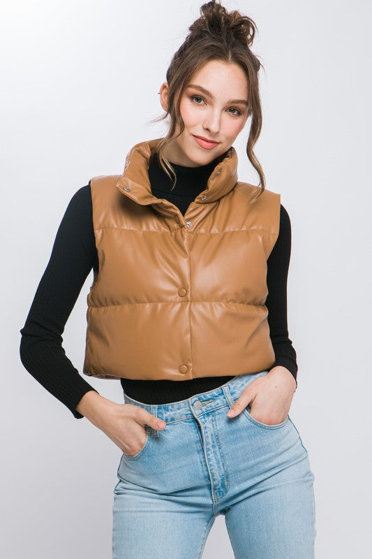 Brown Cropped Vegan Leather Puffer Vest