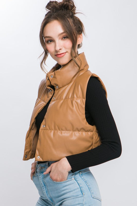 Brown Cropped Vegan Leather Puffer Vest