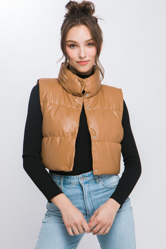 Brown Cropped Vegan Leather Puffer Vest