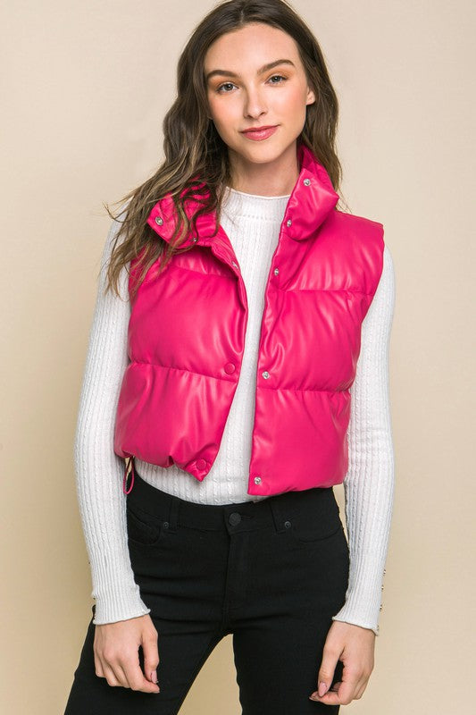 Fuschia Cropped Vegan Leather Puffer Vest