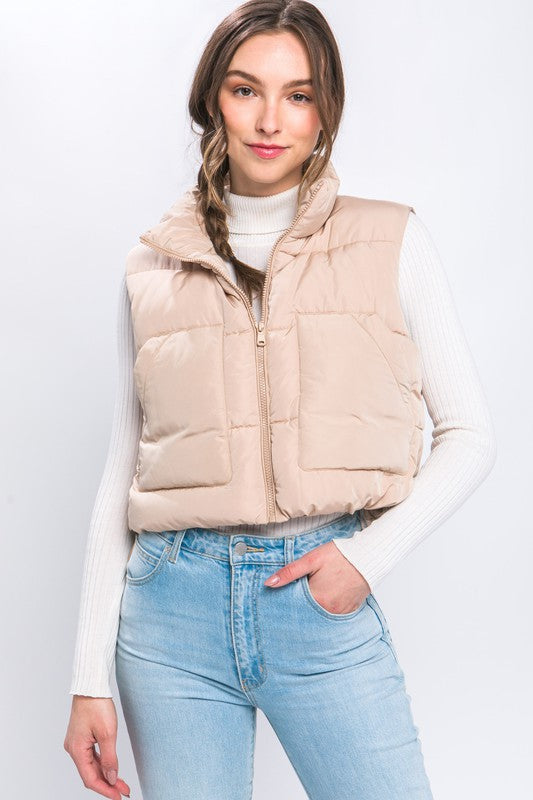 Khaki Puffer Vest with Pockets