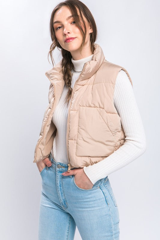 Khaki Puffer Vest with Pockets