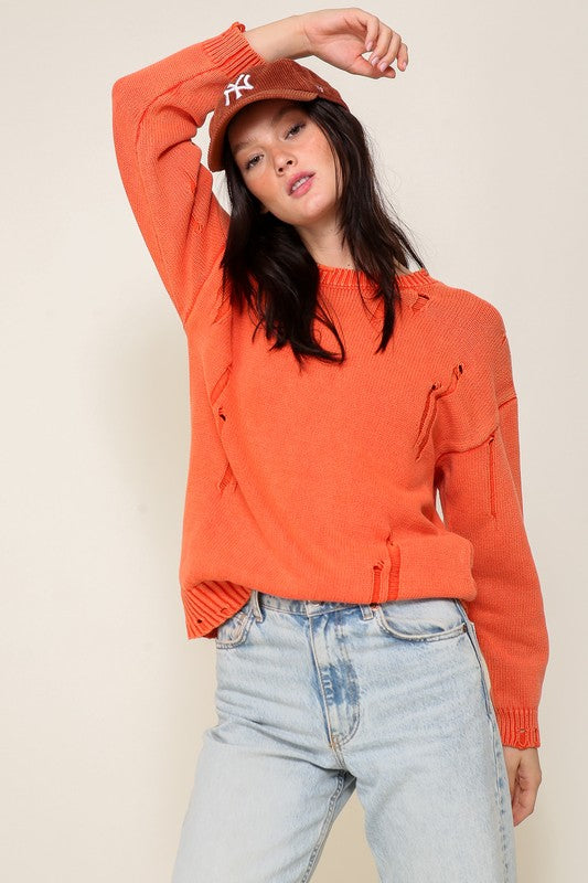 Orange Mineral Washed Distressed Sweater