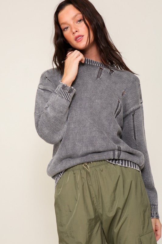 Grey Mineral Washed Distressed Sweater