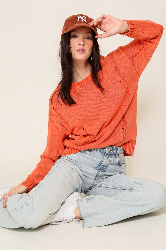 Orange Mineral Washed Distressed Sweater