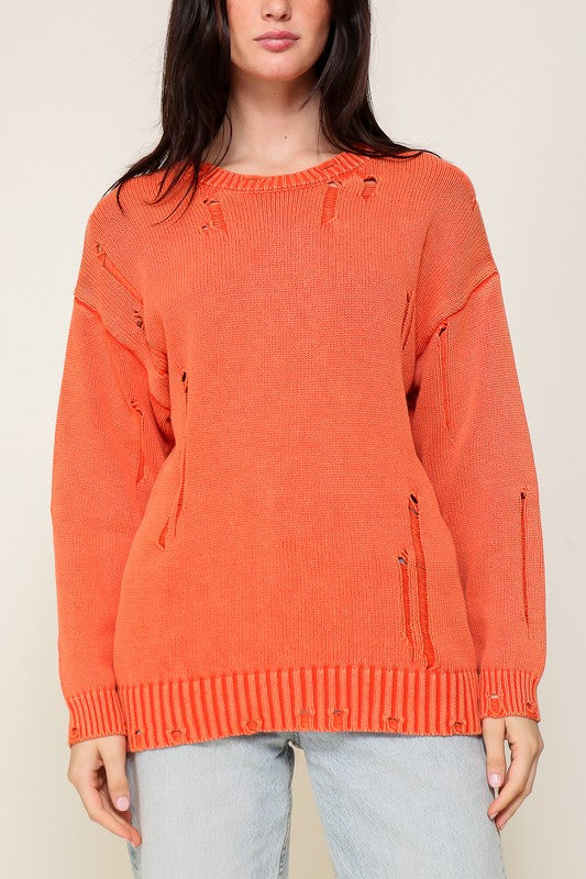 Orange Mineral Washed Distressed Sweater