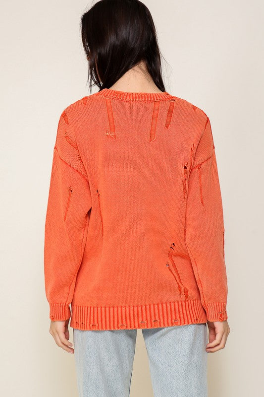 Orange Mineral Washed Distressed Sweater