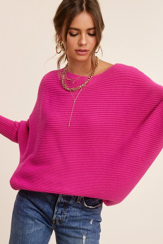 Fuchsia Mae Ribbed Oversized Sweater with Balloon Sleeves