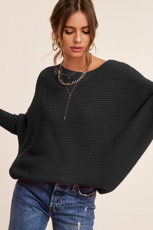 Black Mae Ribbed Oversized Sweater with Balloon Sleeves