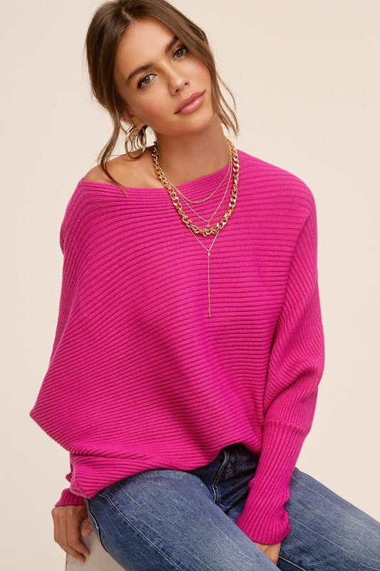 Fuchsia Mae Ribbed Oversized Sweater with Balloon Sleeves