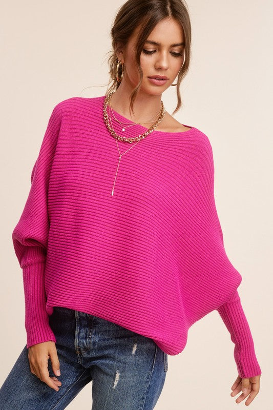 Fuchsia Mae Ribbed Oversized Sweater with Balloon Sleeves