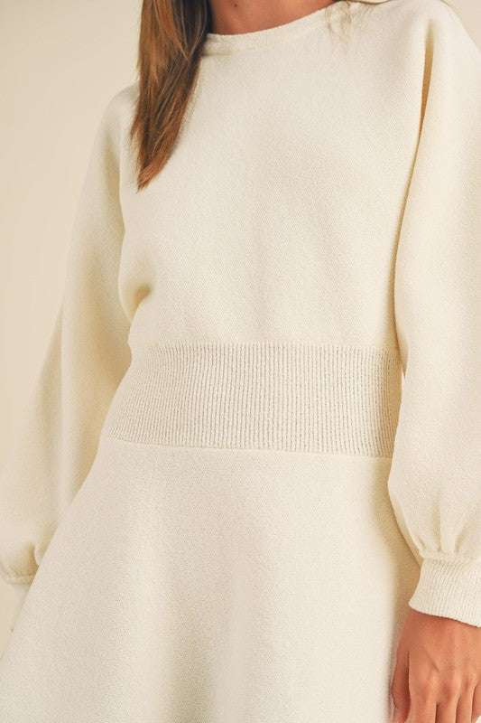 Cream Balloon Sleeve Mini Sweater Dress