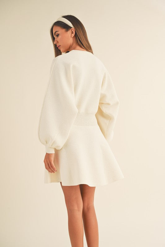 Cream Balloon Sleeve Mini Sweater Dress