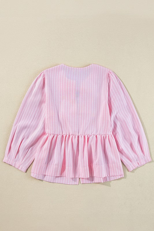 Pink Stripe Tie Front Puff Sleeve Top