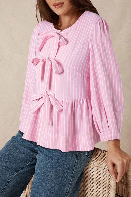 Pink Stripe Tie Front Puff Sleeve Top