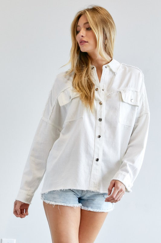 White Blue Button Down Long Sleeve Shirt with Pockets